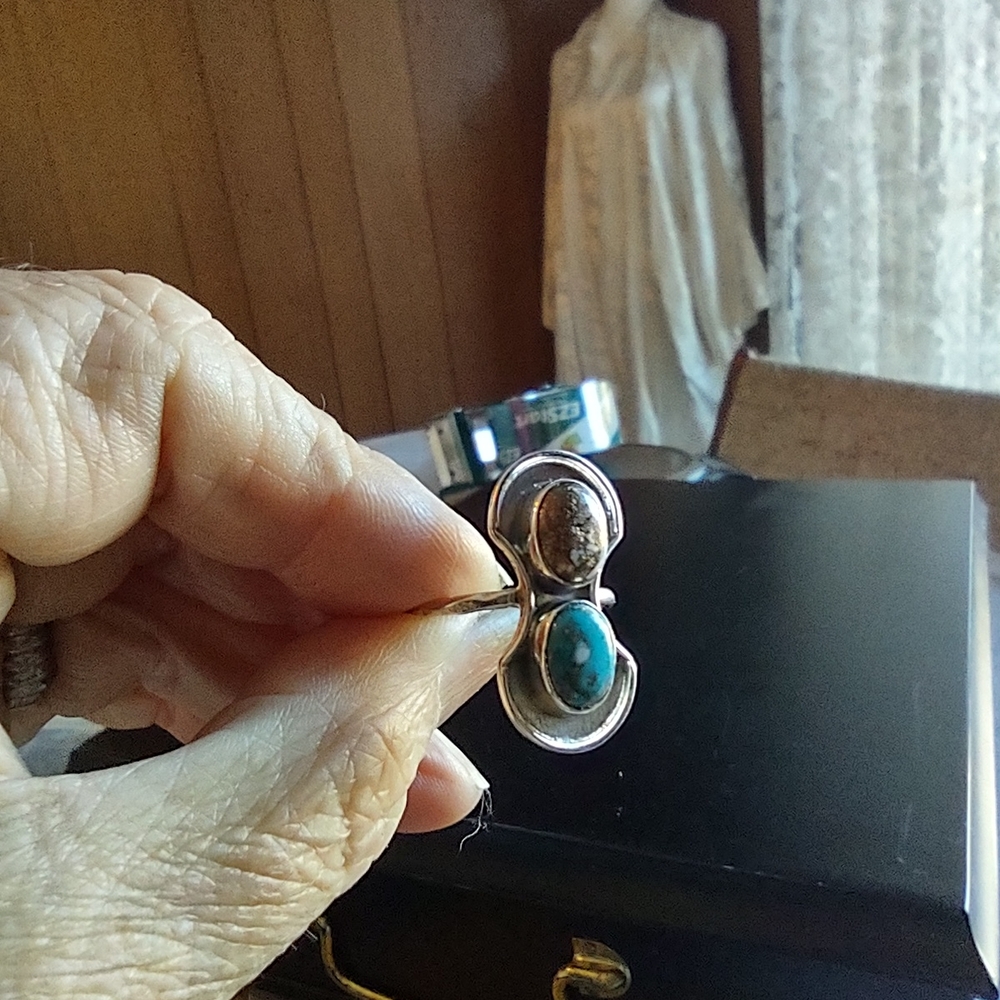 Sterling MB Navajo Double Turquoise Ring — Blue & Matrix Cabs, 925, Sz [insert] - Picture 10 of 15